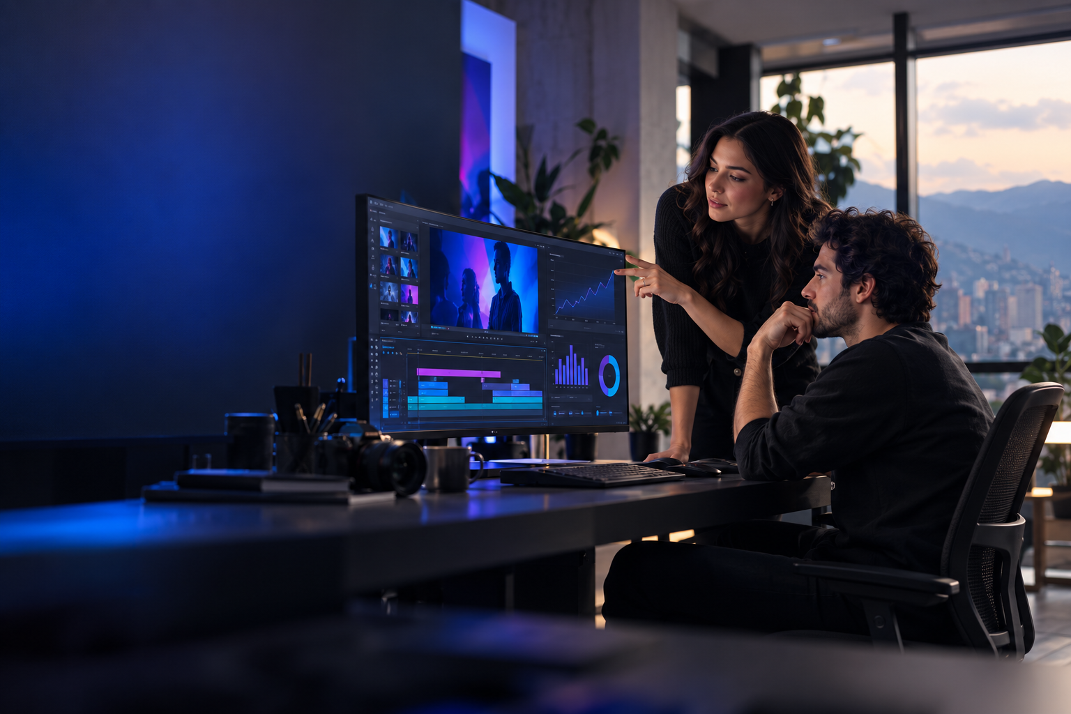 Equipo de OneGo en una sesión de edición audiovisual
